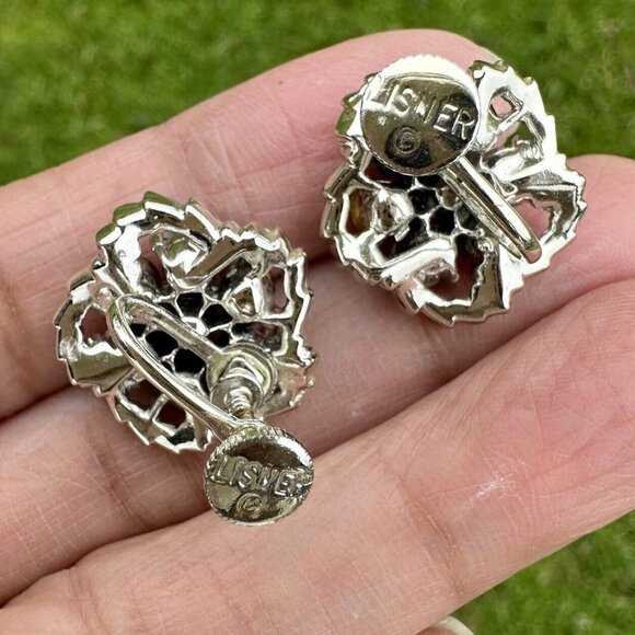 VTG Lisner Bloom Flower Earrings 0.75" Blue Aurora Borealis Crystals Signed MCM - Picture 3 of 7